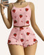 Ribbed Cami & Shorts Pajama Set – Heart & Strawberry Print, Lettuce Hem
