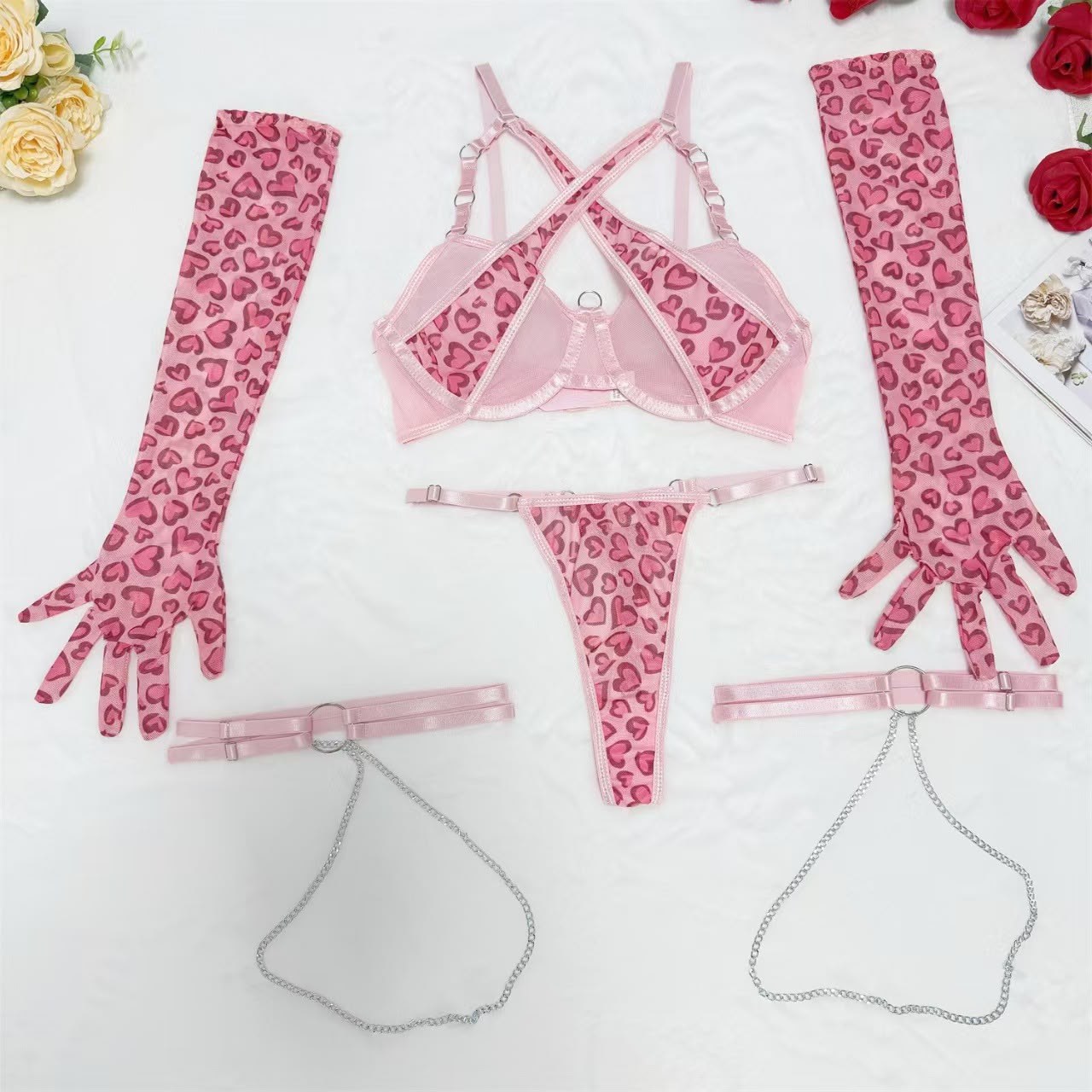 Sweetheart Fantasy™ 5-Piece Heart Print Lingerie Set – Adjustable Lace Mesh Bra & Panty