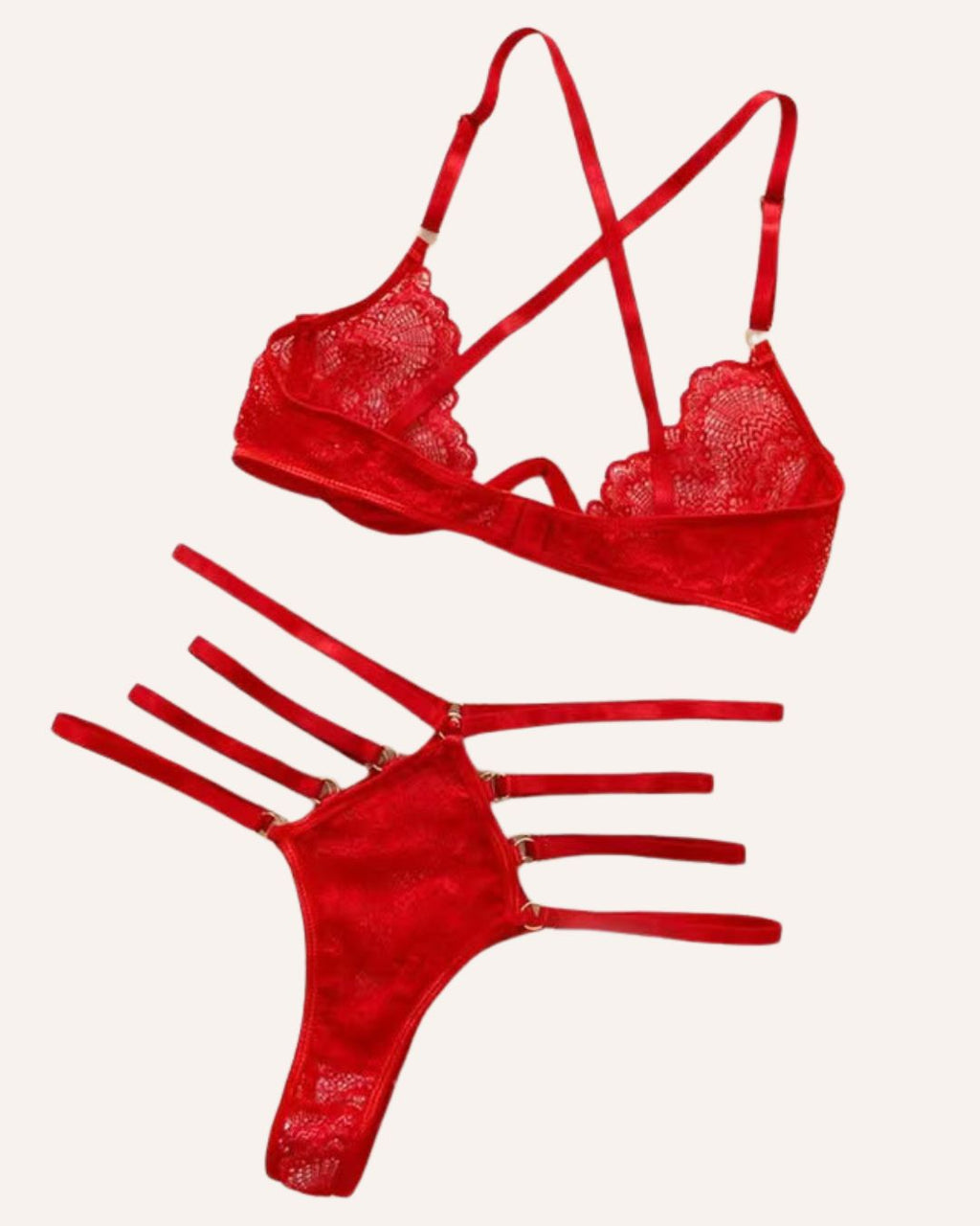 Red Lace Bra & Thong Set – Adjustable Strappy Lingerie