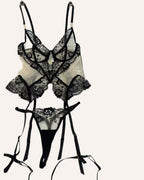 Black Floral Lace Corset Set with Garter Belt & Thong