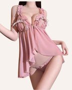 Sheer Lace Babydoll Nightdress Set with G-String