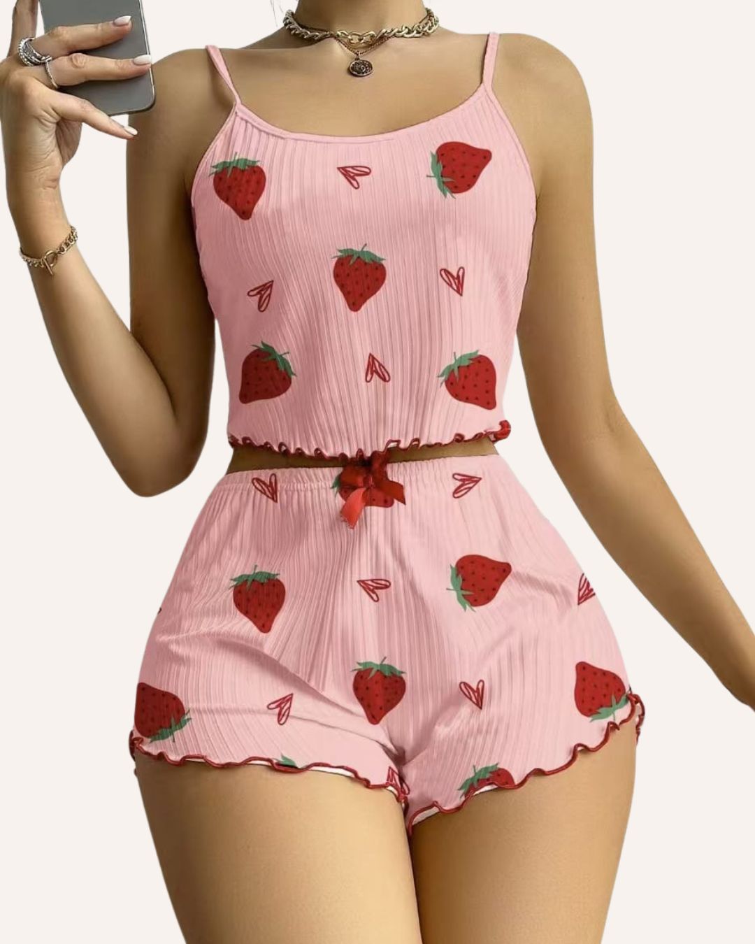 Ribbed Cami & Shorts Pajama Set – Heart & Strawberry Print, Lettuce Hem