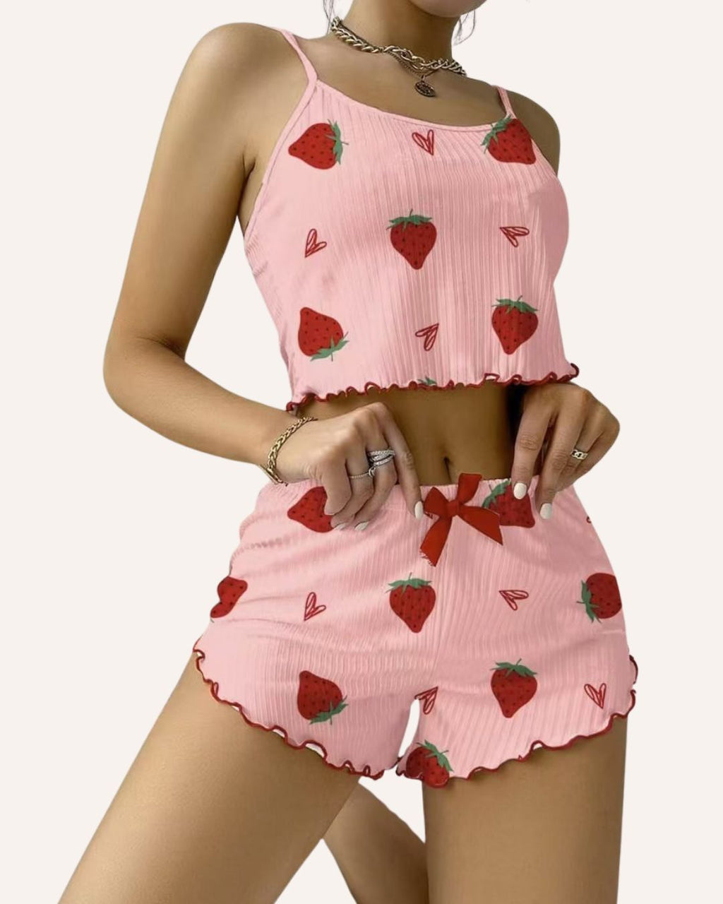 Ribbed Cami & Shorts Pajama Set – Heart & Strawberry Print, Lettuce Hem