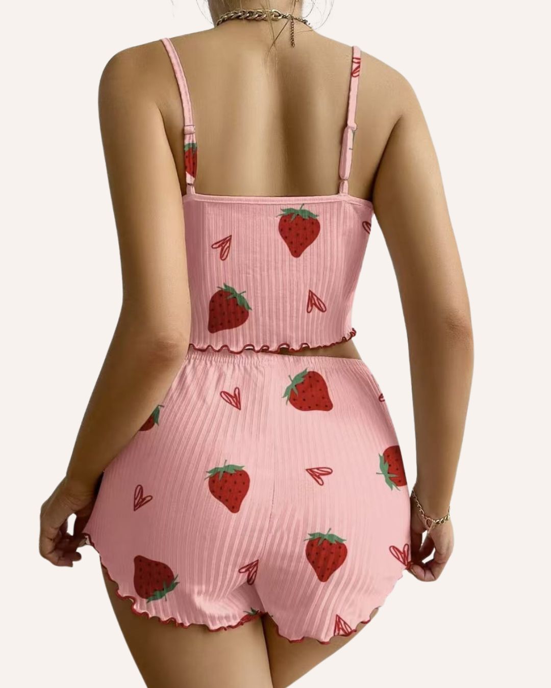 Ribbed Cami & Shorts Pajama Set – Heart & Strawberry Print, Lettuce Hem