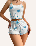 Ribbed Cami & Shorts Pajama Set – Heart & Strawberry Print, Lettuce Hem