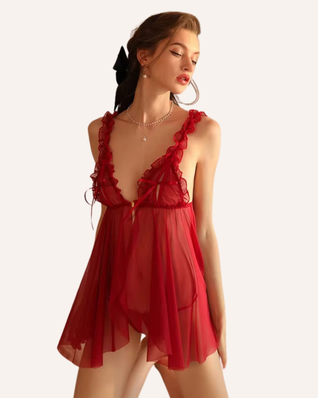 Romantic Red Lace Ruffle Babydoll Lingerie Set