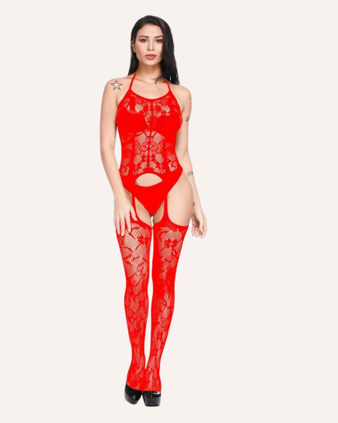 Elegant Lace Garter Bodysuit Lingerie Set with Thigh-High Stockings