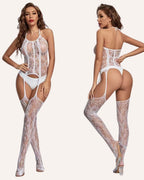 Elegant Lace Garter Bodysuit Lingerie Set with Thigh-High Stockings