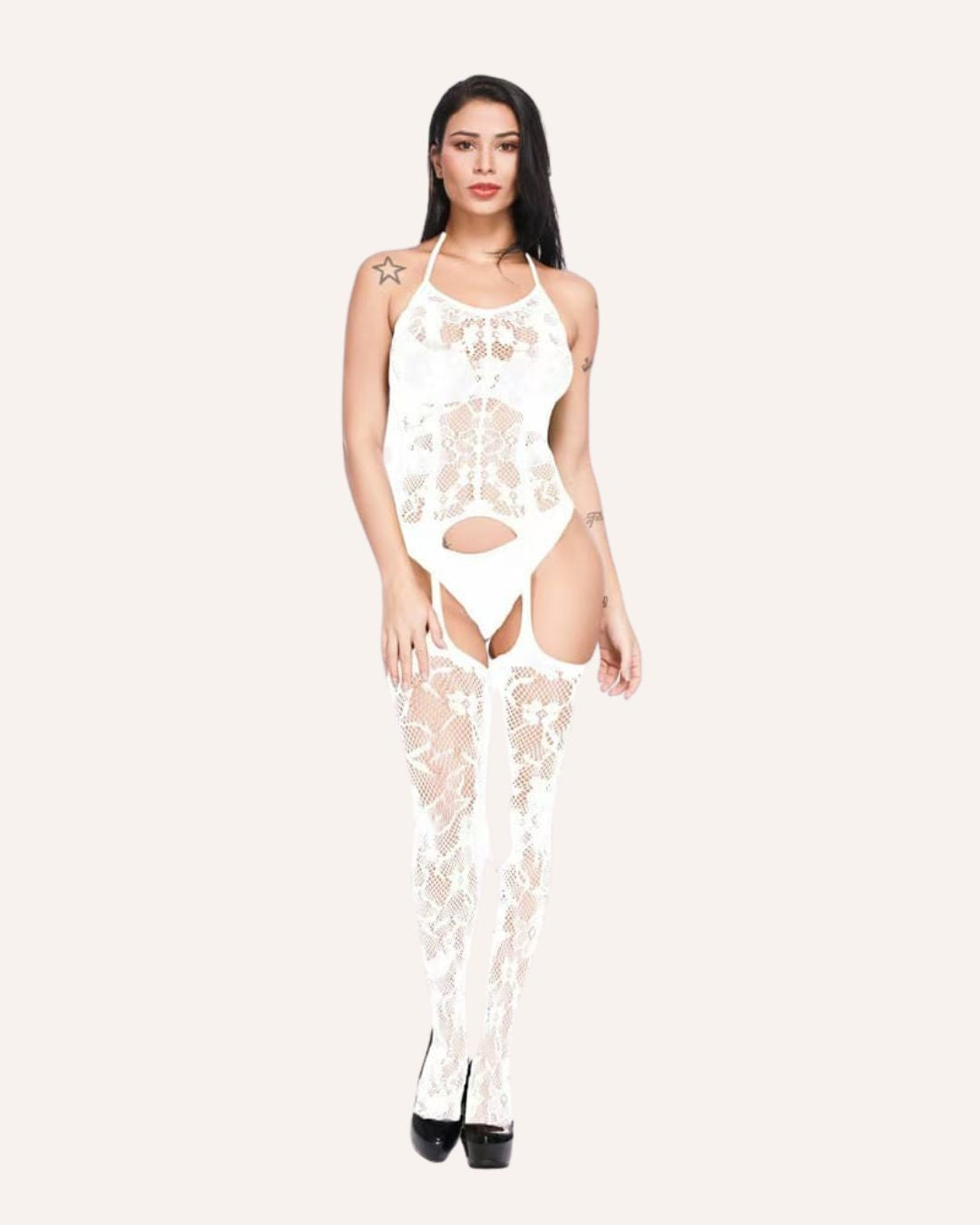 Elegant Lace Garter Bodysuit Lingerie Set with Thigh-High Stockings