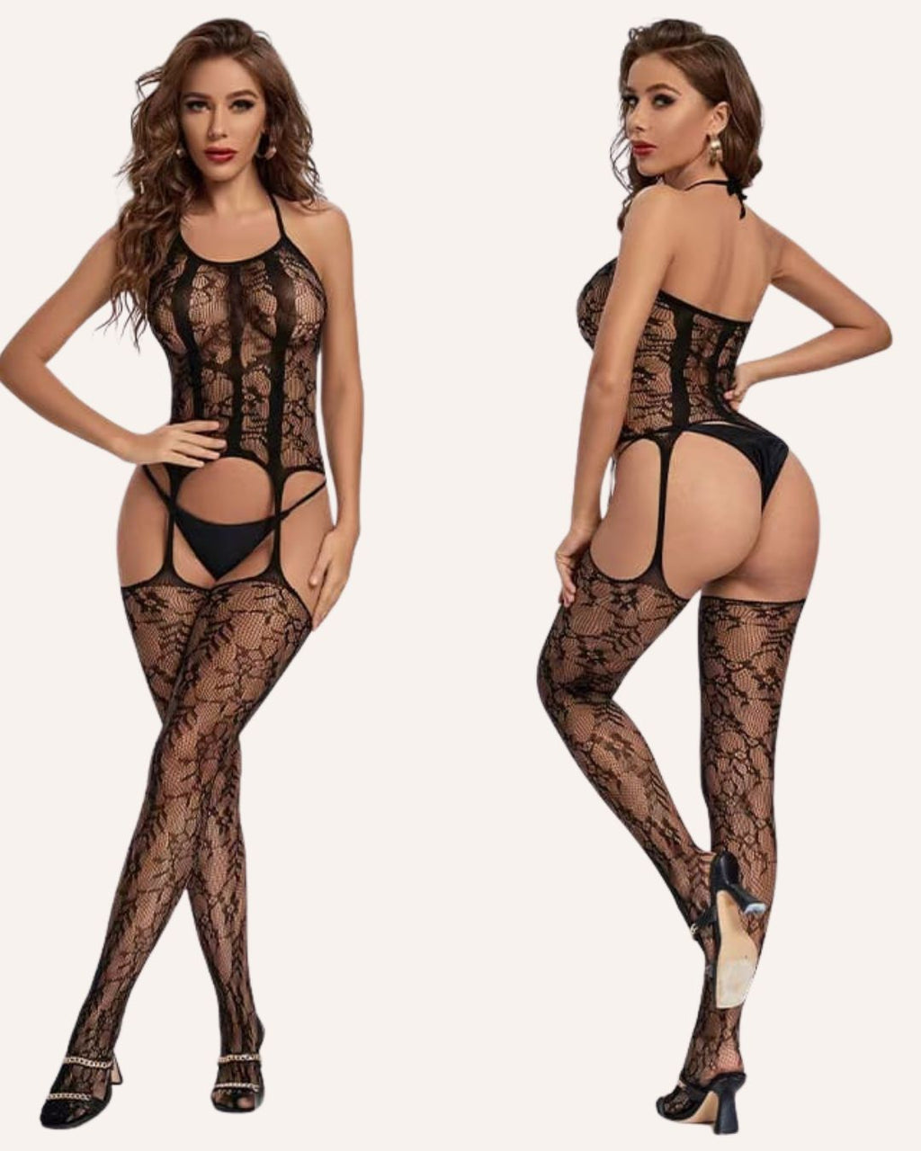 Elegant Lace Garter Bodysuit Lingerie Set with Thigh-High Stockings