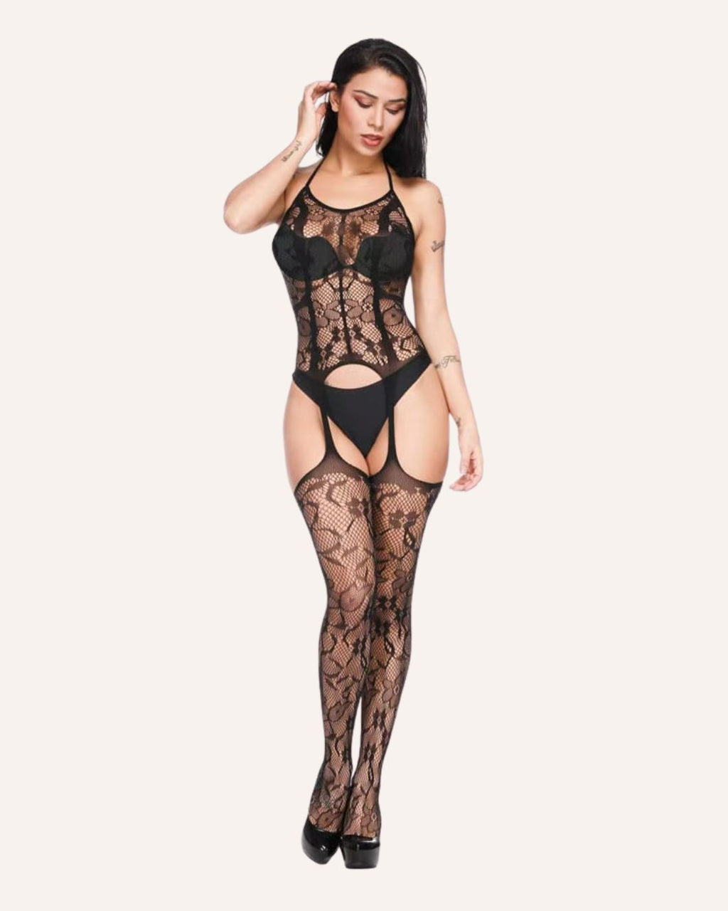 Elegant Lace Garter Bodysuit Lingerie Set with Thigh-High Stockings