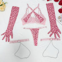 Sweetheart Fantasy™ 5-Piece Heart Print Lingerie Set – Adjustable Lace Mesh Bra & Panty