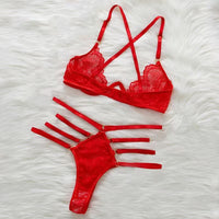 Luxury Red Lace Bra & Thong Lingerie Set – Adjustable Strappy Design
