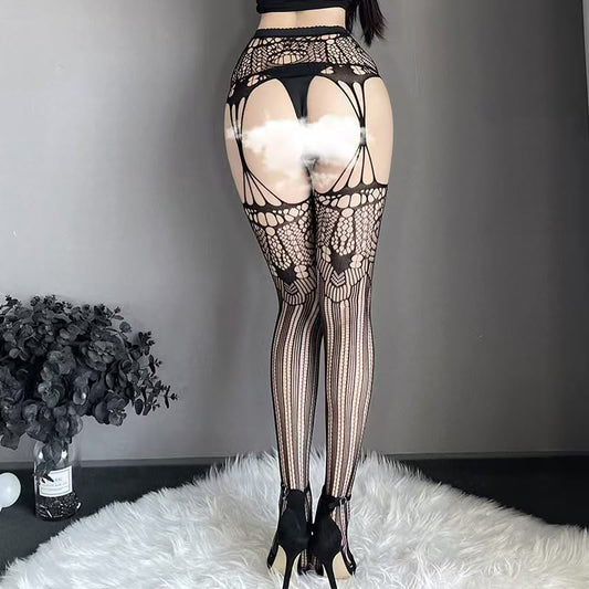 Midnight Desire Black Fishnet Open Crotch Pantyhose – High Waist Lace Pattern Bodystocking
