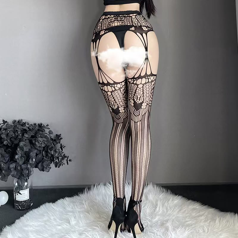 Midnight Desire Black Fishnet Open Crotch Pantyhose – High Waist Lace Pattern Bodystocking