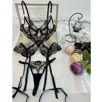 Élise Noir Lace Corset Set – Floral Embroidered Sheer Lingerie with Garter Belt