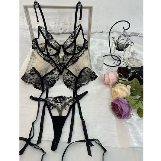 Élise Noir Lace Corset Set – Floral Embroidered Sheer Lingerie with Garter Belt