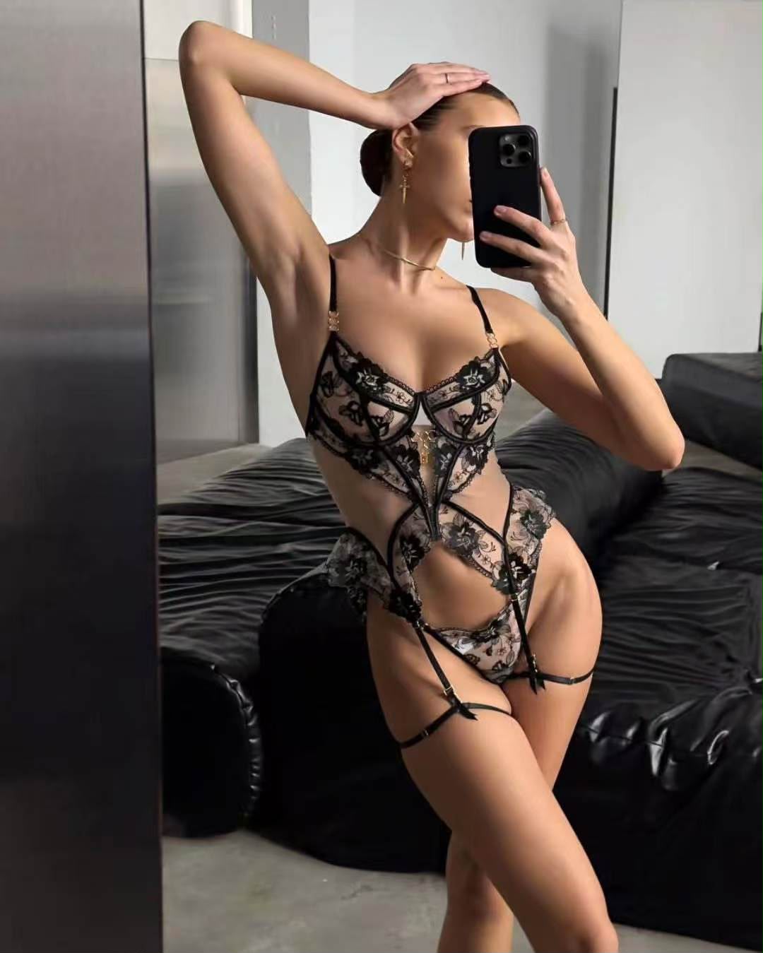 Élise Noir Lace Corset Set – Floral Embroidered Sheer Lingerie with Garter Belt