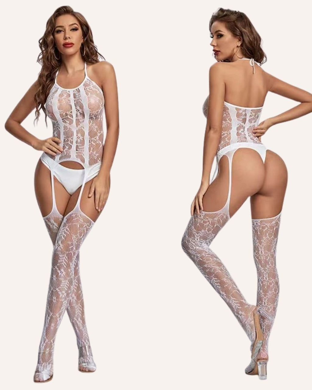 Elegant Lace Garter Bodysuit Lingerie Set with Thigh-High Stockings - LaceLoom